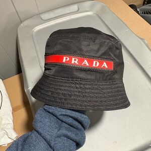 Prada Black Bucket Hat with Red Logo